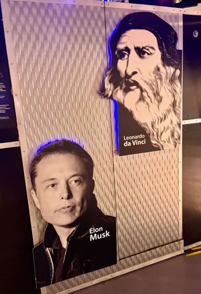 elon musk and Leonardo Da Vinci visionary exhibit Comic Con Museum, San Diego.